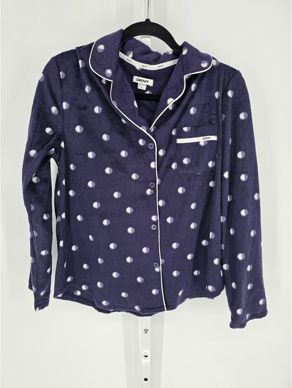 DKNY Womens Sz S Long Sleeve Button Up Pajama Shirt Purple Polka Dot